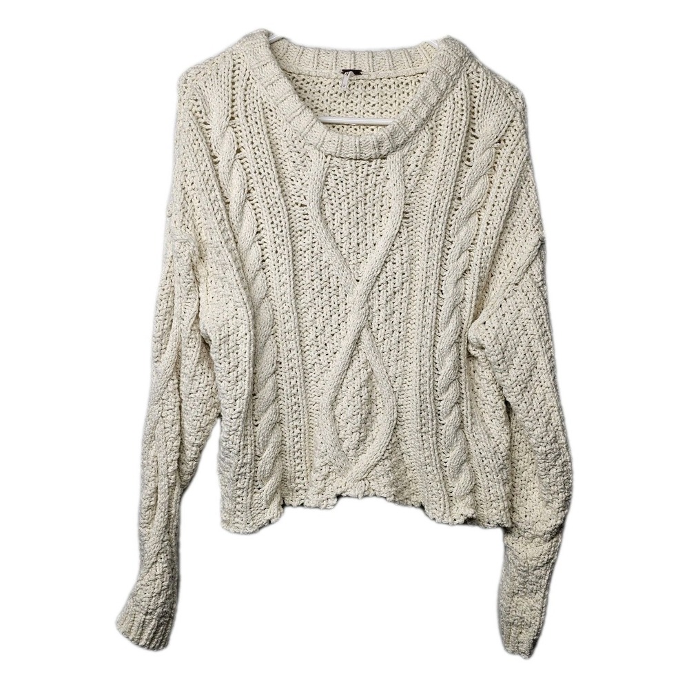 Free People Womens Large Ivory Crop Chunky Open Cable Knit Sweater Top 100% Cott - Picture 2 of 10